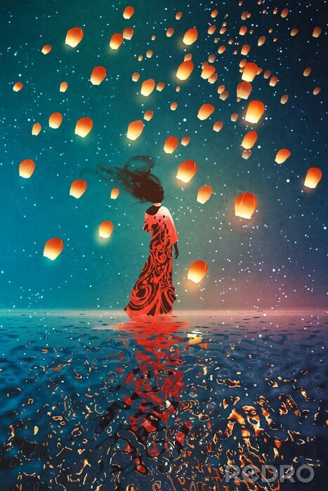 Canvas vrouw in kleding die zich op het water tegen de lantaarns drijvend in een nachtelijke hemel, illustratie painting