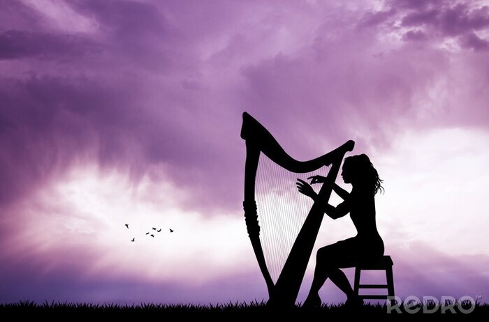 Canvas vrouw spelen van de harp bij zonsondergang