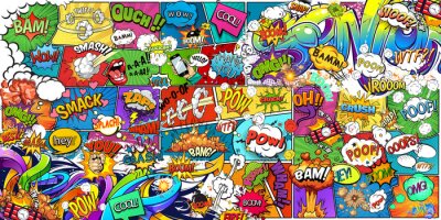 Canvas Wallpaper, photowallpaper, mural, card, postcard design in pin-up style for a children's or teenagers. A wall of bright, colorful drawn comics and graffiti.