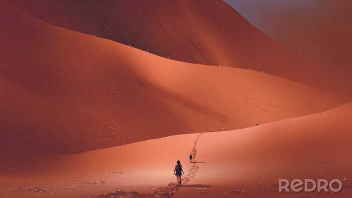 Canvas wandelaars klimmen naar het zandduin in de rode woestijn, digitale kunststijl, illustratie schilderen
