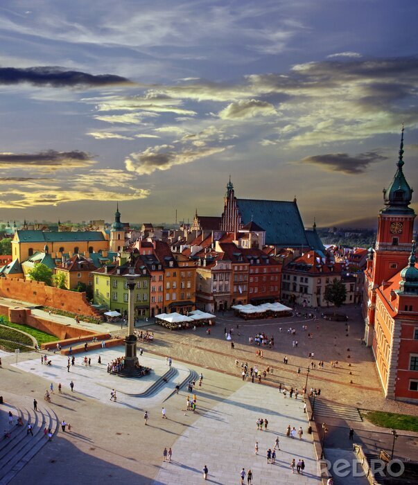 Canvas Warschau kasteel plein en zonsondergang