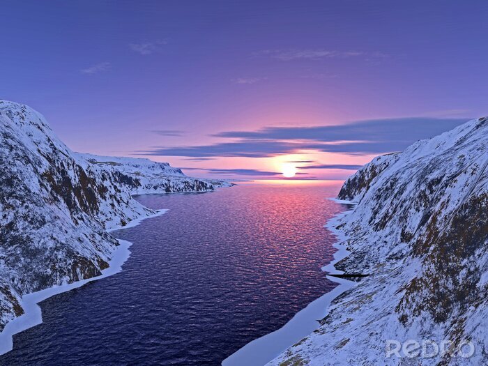 Canvas Water omgeven door besneeuwde hellingen