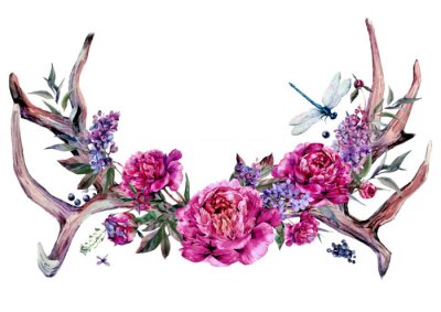 Canvas Watercolor Antlers and Flowers. Boho Decoration.