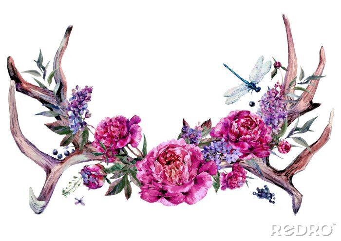 Canvas Watercolor Antlers and Flowers. Boho Decoration.
