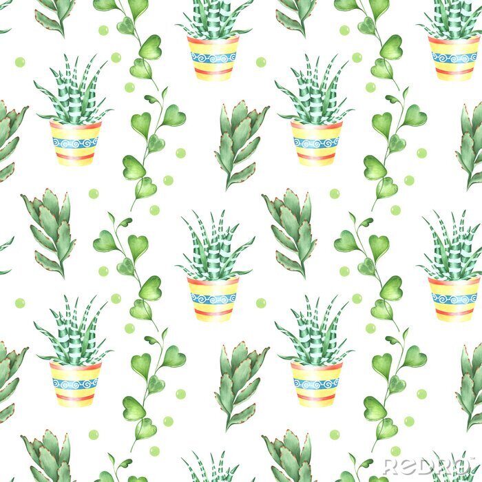Canvas Watercolor botanical seamless pattern in retro style with succulents, kalanchoe and zebra plant in a pot. Decorative floral background for wedding or fabric design in green, turquoise and red colors