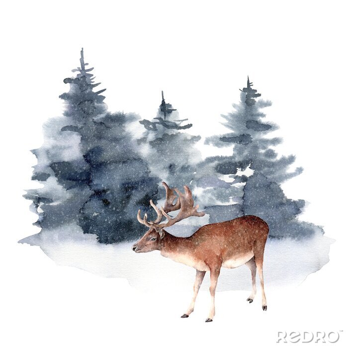 Canvas Watercolor deer in winter forest. Hand painted Christmas illustration with animal and fir trees isolated on white background. Holiday card for design, print, fabric or background. Wildlife and foggy.