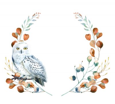 Canvas Watercolor floral wreath with polar owl  and  leaves. Hand painted christmas frame with bird and leaves of silver dollar eucalyptus isolated on white background. 