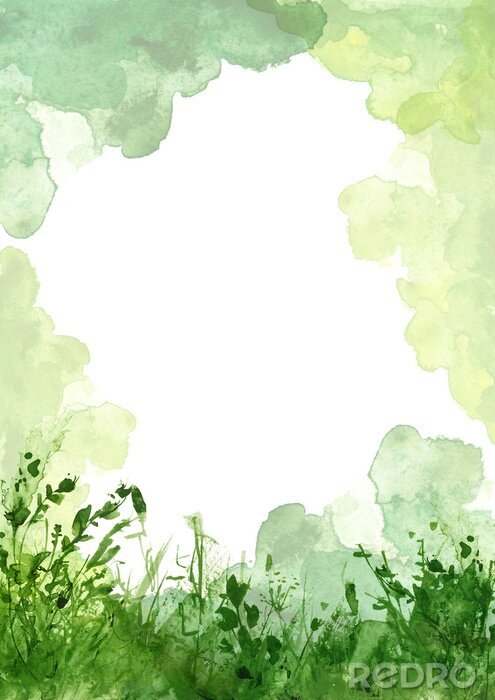 Canvas Watercolor illustration. background with  floral pattern - grass, wild plants of green color. Watercolor card, frame, postcard, invitation. green natural, organic, bio, eco label.