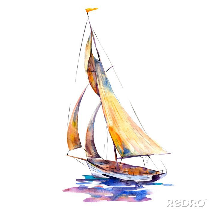 Canvas Watercolor illustration, hand drawn sailboat isolated object on white background. Art print boat with yellow sails.