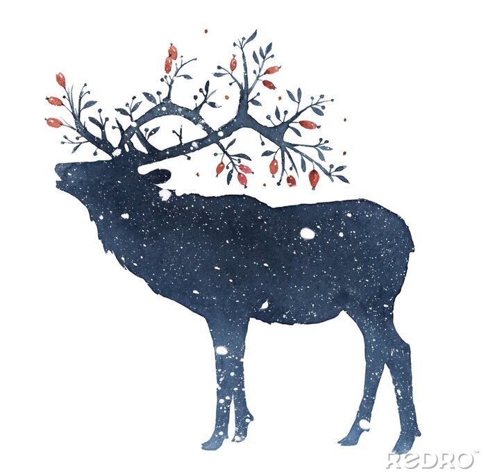 Canvas Watercolor illustration of deer with magic horns in the snow isolated on white background