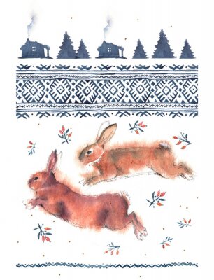 Canvas Watercolor illustration of running and playing rabbits and national ornament in blue tones on a white background
