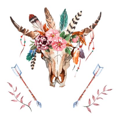 Canvas Watercolor isolated bull's head with flowers and feathers on white background. Boho style. Skull for wrapping, wallpaper, t-shirts, textile, posters, cards, prints