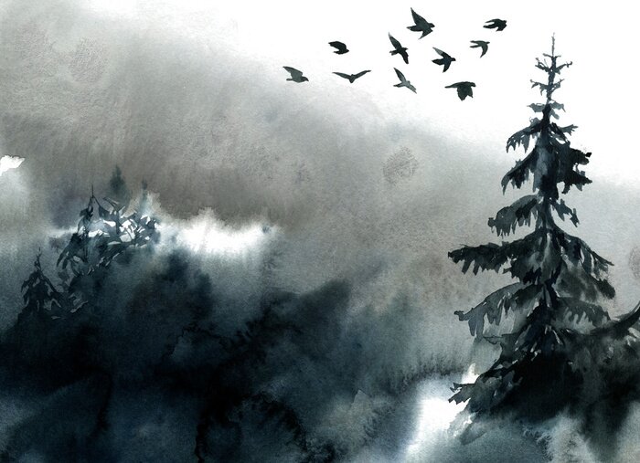 Canvas Watercolor landscape, forest and fog.