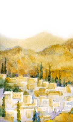 Canvas Watercolor landscape. Old city in a valley between the mountains