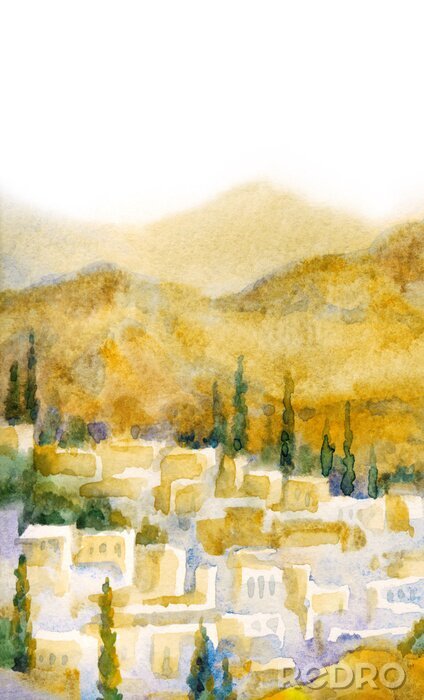Canvas Watercolor landscape. Old city in a valley between the mountains