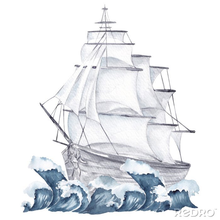 Canvas Watercolor marine frame with ship and flowers isolated on white background