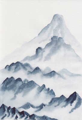 Canvas Watercolor painting of asian mountains. Hand drawn oriental style landscape illustration with layers of rocks. Concept for decoration, relaxation, restore, meditation background.
