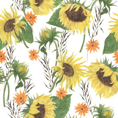 Watercolor painting seamless pattern with sunflowers. 
