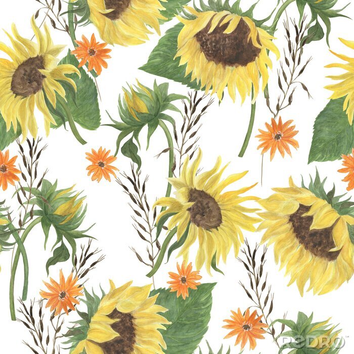 Canvas Watercolor painting seamless pattern with sunflowers. 