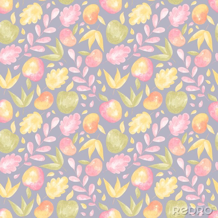 Canvas Watercolor pattern with autumn floral elements: leaves and apples. Collection of elements for party, fall festival or Thanksgiving day. 