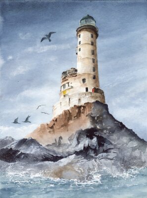 Canvas   Watercolor picture of the Aniva  cape lighthouse on the rocky island with blue sky and seagull