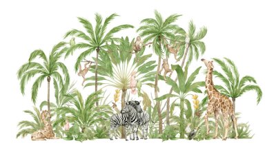 Watercolor safari animals and tropical palms. Jungle compositions. Giraffe, zebra, monkey, parrot. Brigth summer exotic jungle. 
