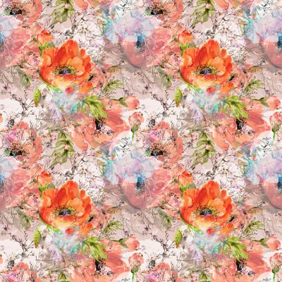 Canvas  Watercolor seamless pattern of wild poppies and grass