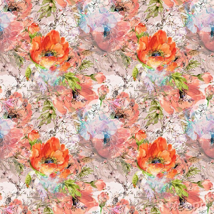 Canvas  Watercolor seamless pattern of wild poppies and grass