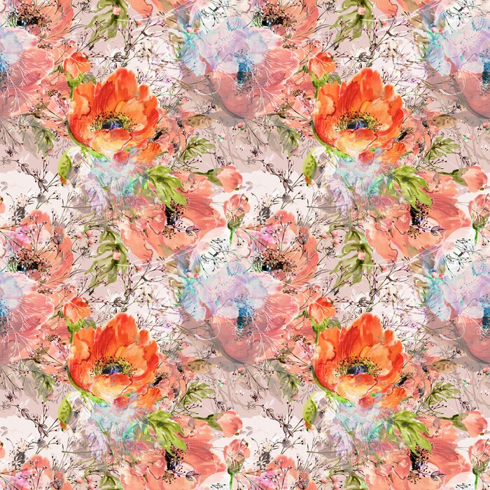 Canvas  Watercolor seamless pattern of wild poppies and grass