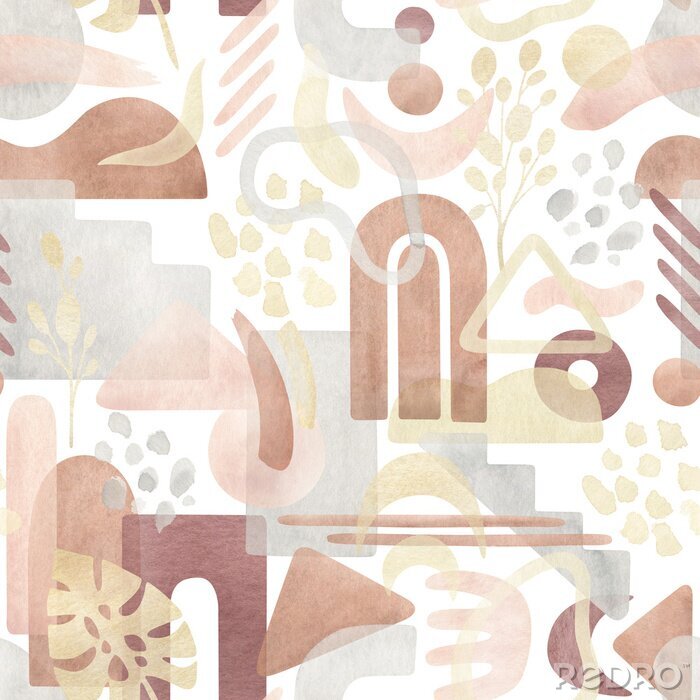 Canvas Watercolor seamless pattern with abstract shapes in warm pastel colors, pink, ocher, terracotta, gold. Aesthetic modern background with freehand geometric forms. Stile design for textile, wallpaper.