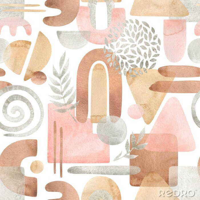 Canvas Watercolor seamless pattern with abstract shapes in warm pastel colors, pink, ocher, terracotta, silver. Aesthetic modern background with freehand geometric forms. Stile design for textile, wallpaper.