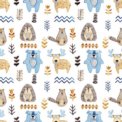 Canvas Watercolor seamless pattern with forest wildlife animals and herbs. Cute cartoon characters in scandinavian style. Best for textile, wallpaper, decoration, fabric, children design, wrapping paper