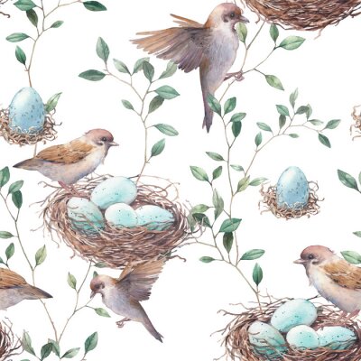 Canvas Watercolor seamless pattern with nest, birds and tree twigs. Repeating hand drawn spring background. Vintage wallpaper with sparrow and eggs