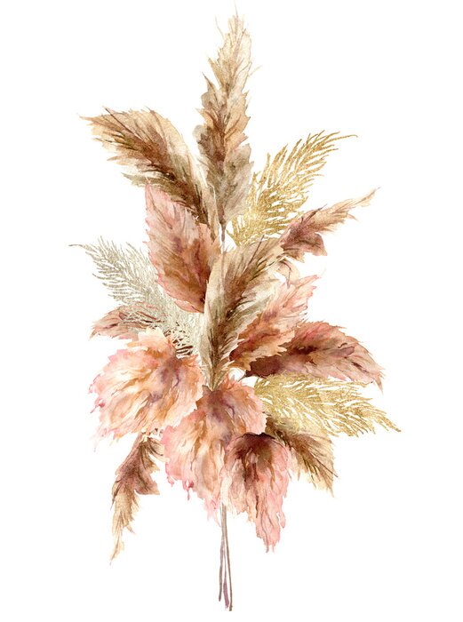 Canvas Watercolor tropical bouquet with dry pampas grass and gold textures. Hand painted exotic card isolated on white background. Floral illustration for design, print, fabric or background.