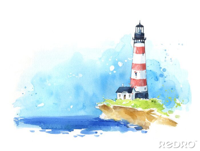 Canvas Watercolour sketch of a lighthouse at the seaside, seascape