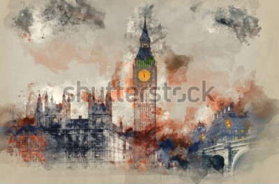 Canvas Waterverf het sign van Big Ben en Huizen van het Parlement tijdens de Zonsondergang van de Winter.