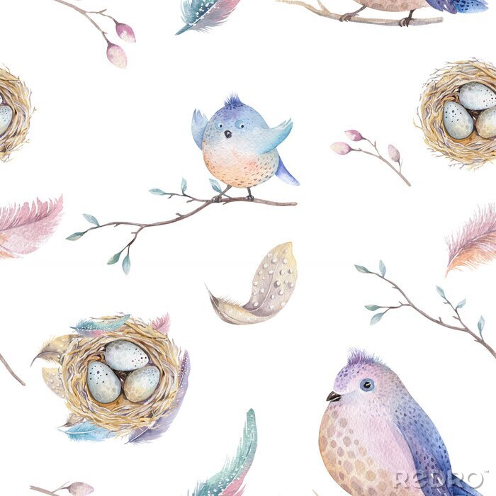 Canvas Waterverf het voorjaar rustieke patroon met nest, vogels, tak, boom