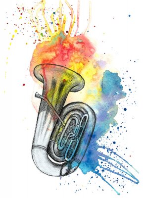 Canvas Waterverf multicolored spatten vlekken met een potloodschets van een muziekinstrument tuba, jazz muziek