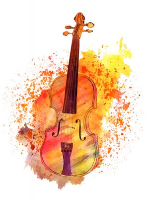 Canvas Waterverf tekening viool met verf spatten en copyspace