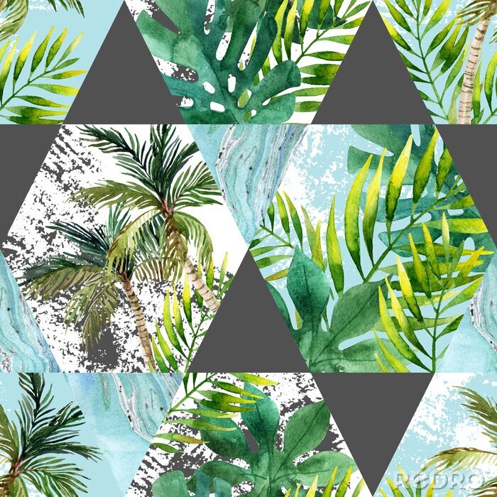 Canvas Waterverf tropische bladeren en palmbomen in geometrische vormen naadloos patroon