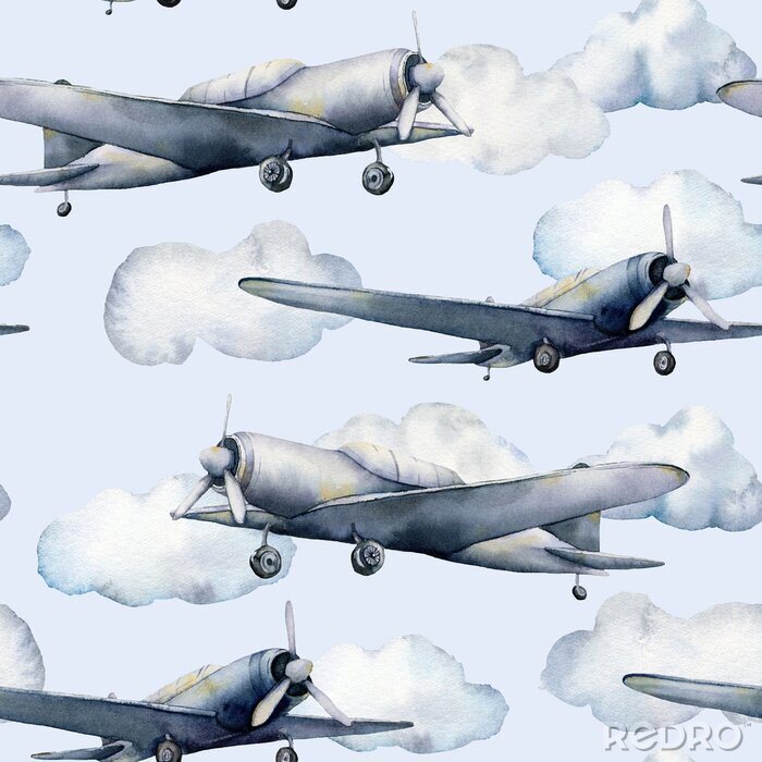 Canvas Waterverf vliegtuigen op een achtergrond van blauwe lucht met wolken