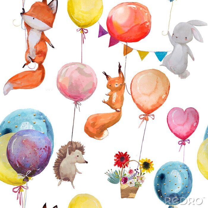Canvas Waterverfdieren en kleurrijke ballonnen