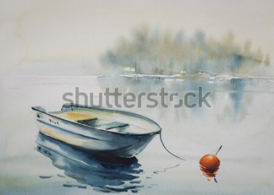 Canvas Waterverflandschap met een boot