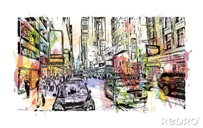 Canvas Waterverfplons met hand getrokken schets van de Stad van New York, de VS in vectorillustratie.
