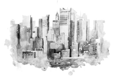 Canvas waterverftekening van New York stadslandschap, USA. Manhattan aquarel schilderij