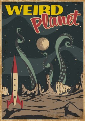 Canvas Weird Planet Old Fantastic Comic Book, Sci Fi Book Cover Stylization, Retro Space Movie Poster, Rocket, Unknown Planet's Landscape, Tentacles of Monster. Vintage Colors, Grunge Texture Frame 
