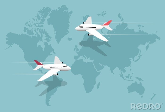 Canvas Wereldkaart en vliegtuigen