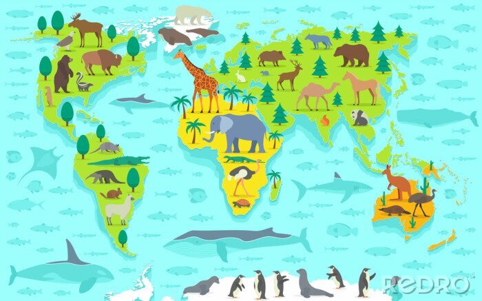 Canvas Wereldkaart met dieren