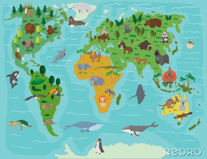 Canvas Wereldkaart voor kinderen met dieren