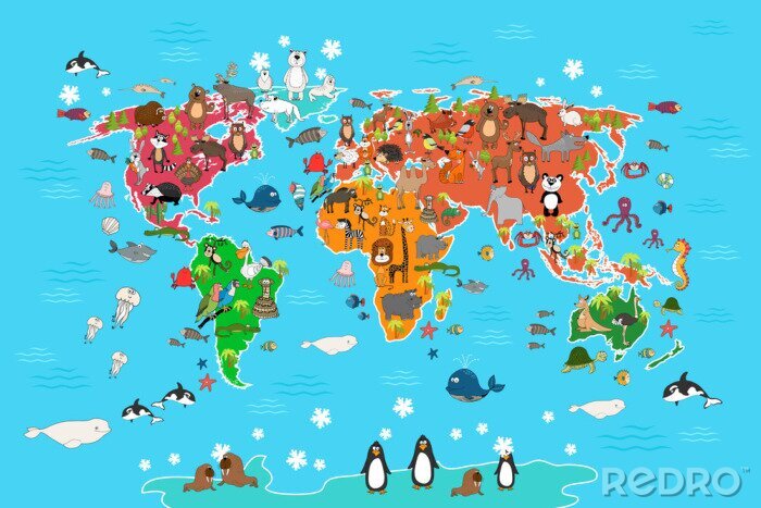 Canvas Wereldkaart voor kinderen met dieren